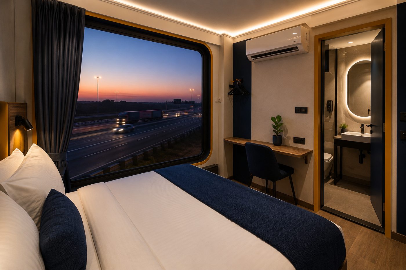 Inside a Saraii pod — bed, desk, highway view